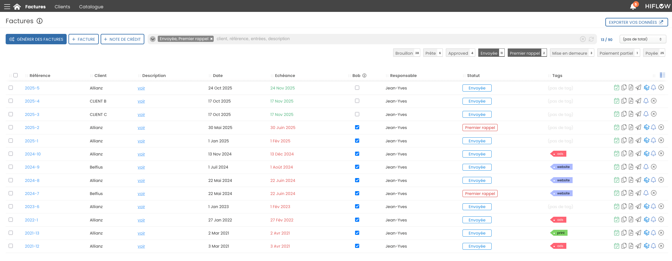 Interface Hiflow - Liste des factures